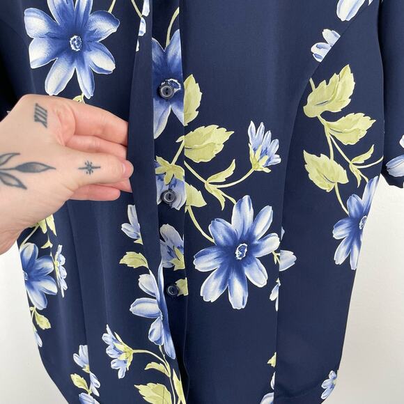 Vintage Floral Button Up Blouse Top Navy Blue Green Short Sleeve Coastal Grandma - Picture 3 of 4